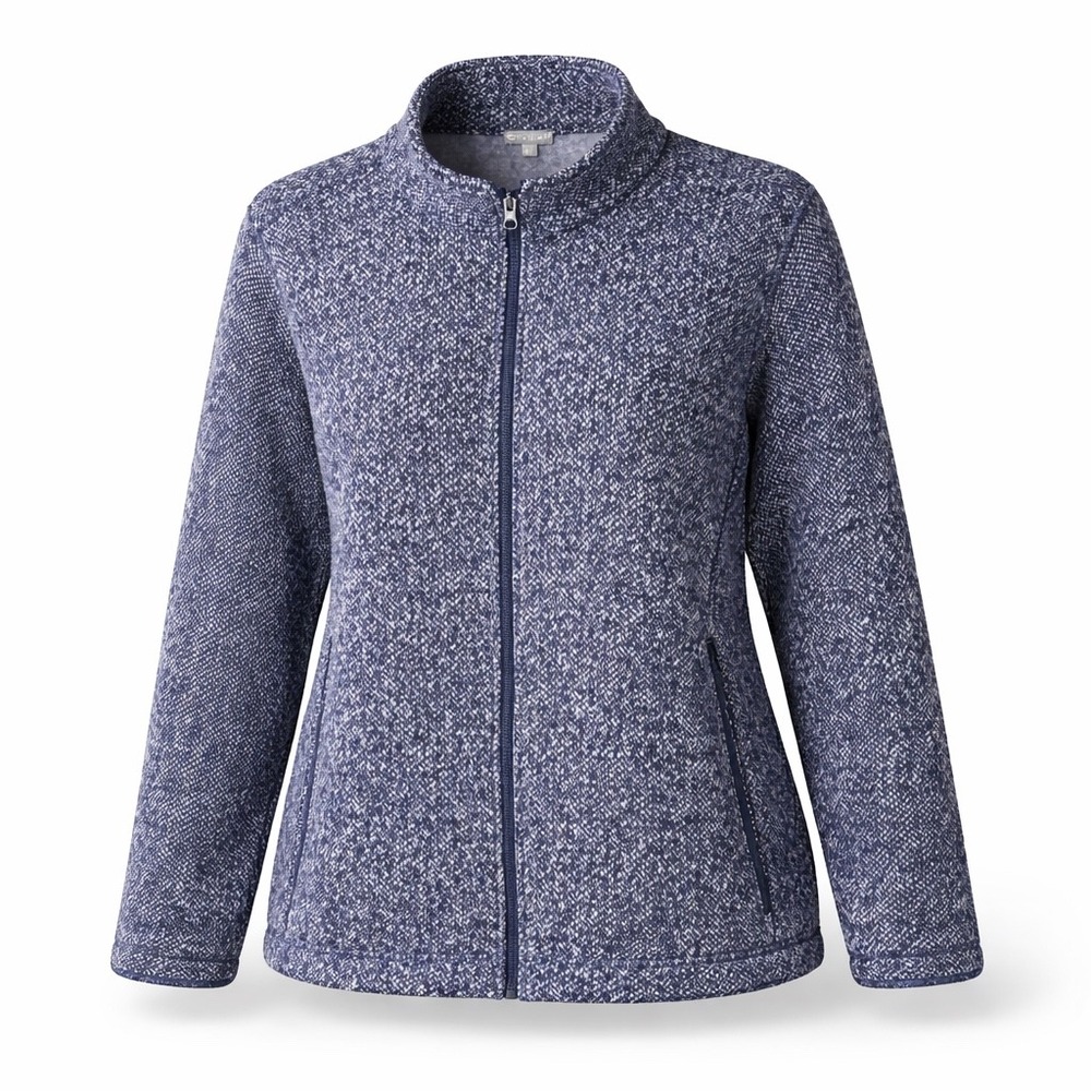 T by Talbots Women 2X Blue Marled Herringbone Full Zip Fleece Mock Neck Jacket